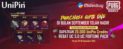 [Purchase Gift ONE - September] Top Up Unknown Cash #PakeUniPin & Dapatkan 20.000 UniPin Credits, Rebat UC s.d UC Fortune Pack